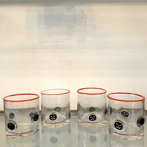 Set of 4 PUMPKIN Double Old Fashioned Glasses 4" Orange Black Halloween Barware - Picture 1 of 12